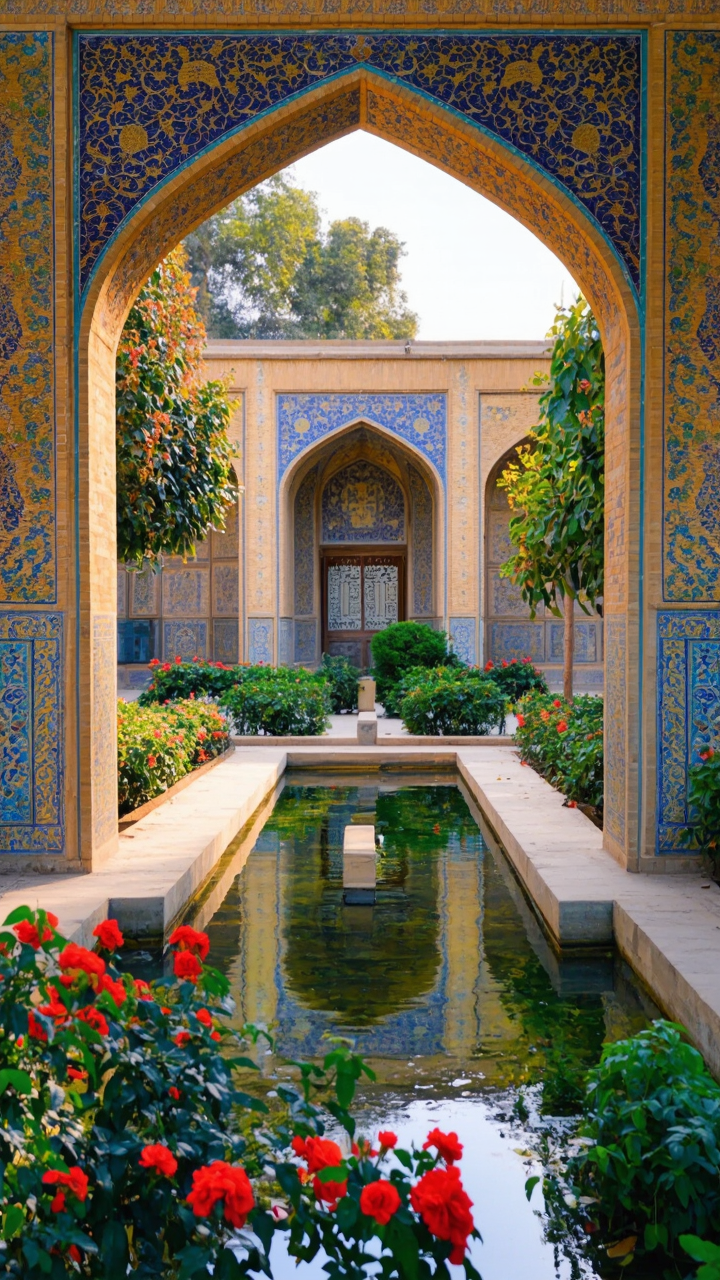 Tranquil Persian Garden: Pool, Archway, and Flowers