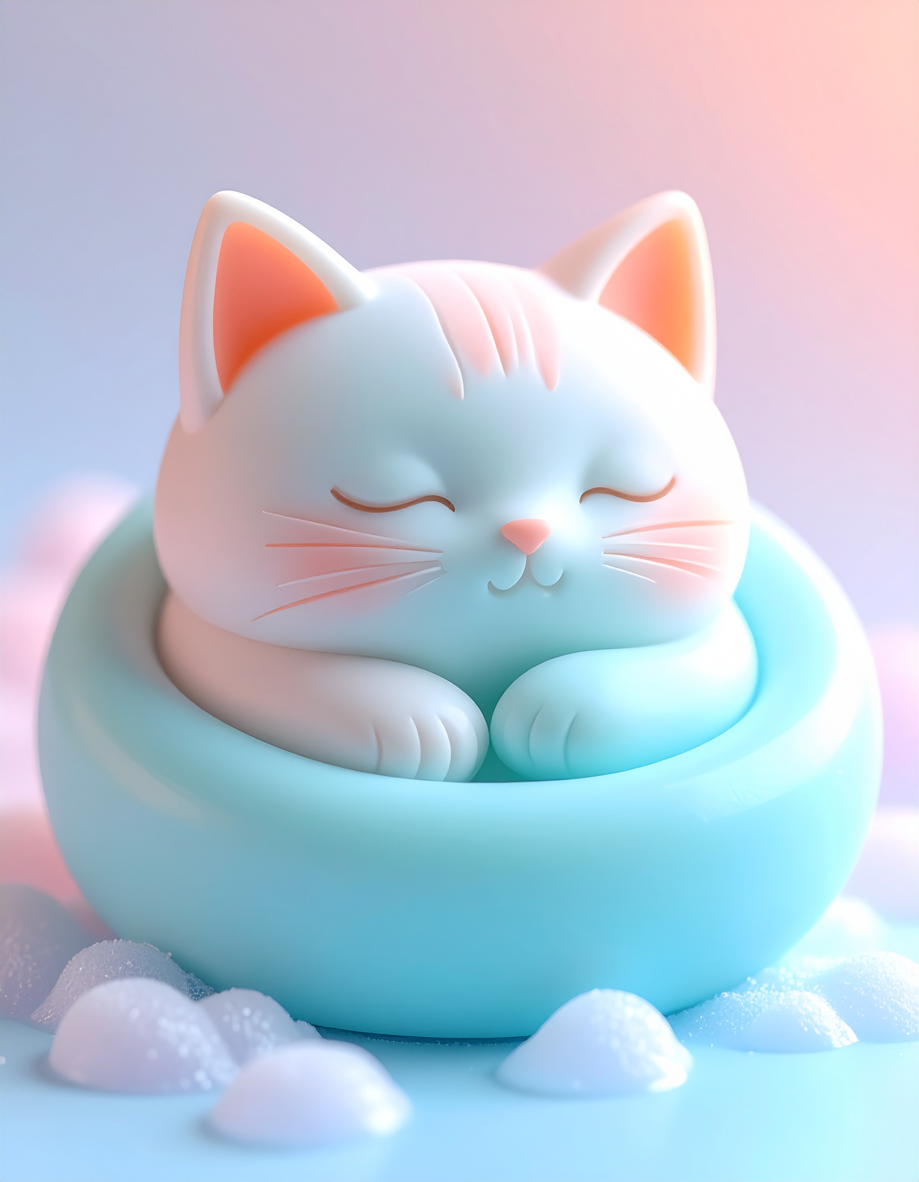 A soft pastel depiction of a curled-up sleeping cat as a soap sculpture, with delicate edges, smooth matte surfaces, and hand-carved whimsy. Colors are gentle and translucent, adding a fragile charm —