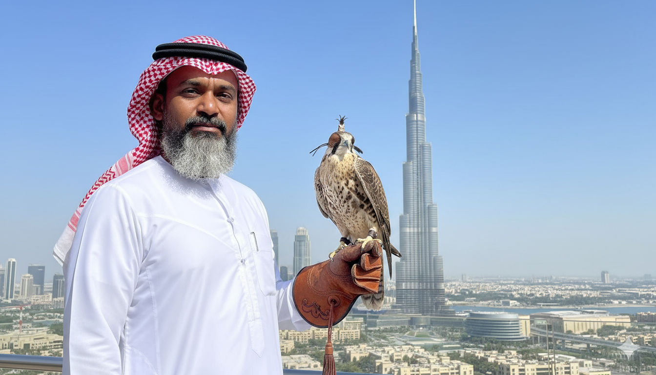 South Asian Man in Traditional Arab Attire with Falcon