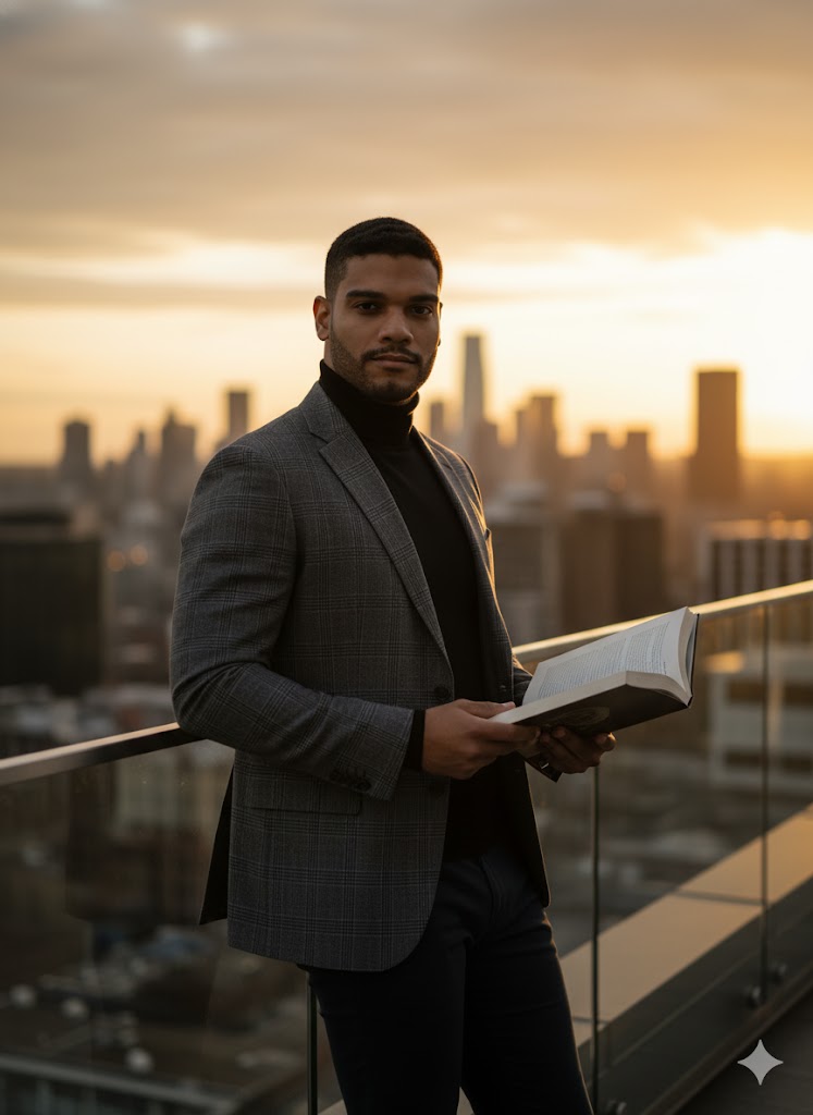Sophisticated Urban Sunset: Fashionable Man on City Terrace