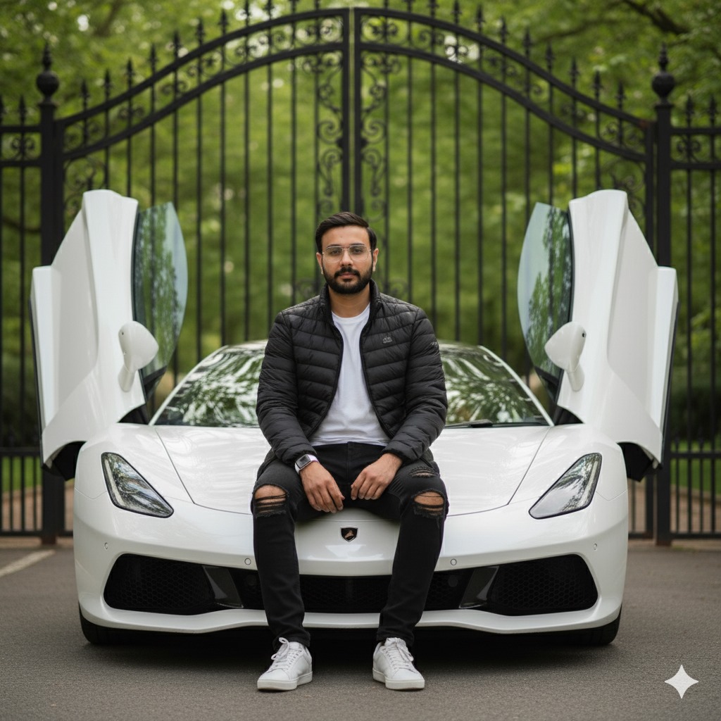 Stylish Man Poses on Super Car in Garden Setting