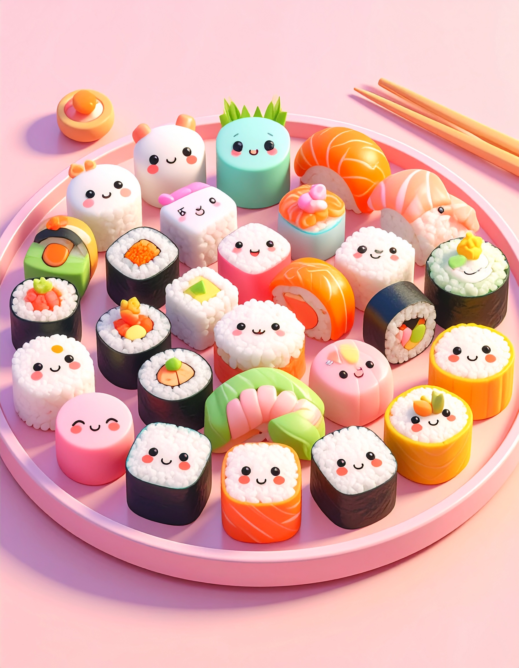 A stylized 3D render of a sushi platter with kawaii faces, done in toon shading. Flat pastel tones, bold outlines, and simple gradients make it look like a 3D cartoon straight out of an anime cooking 