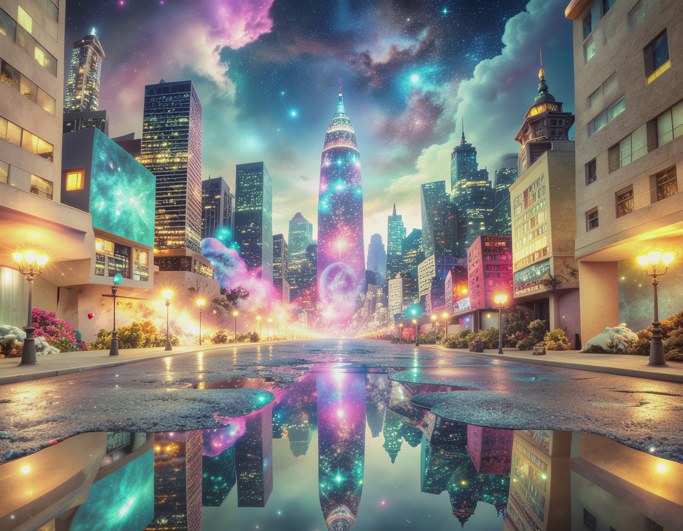 A surreal, hyper-realistic cityscape at dusk where towering skyscrapers appear to melt and flow like living wax, their forms distorting and dripping under the weight of vibrant neon lights. The buildi