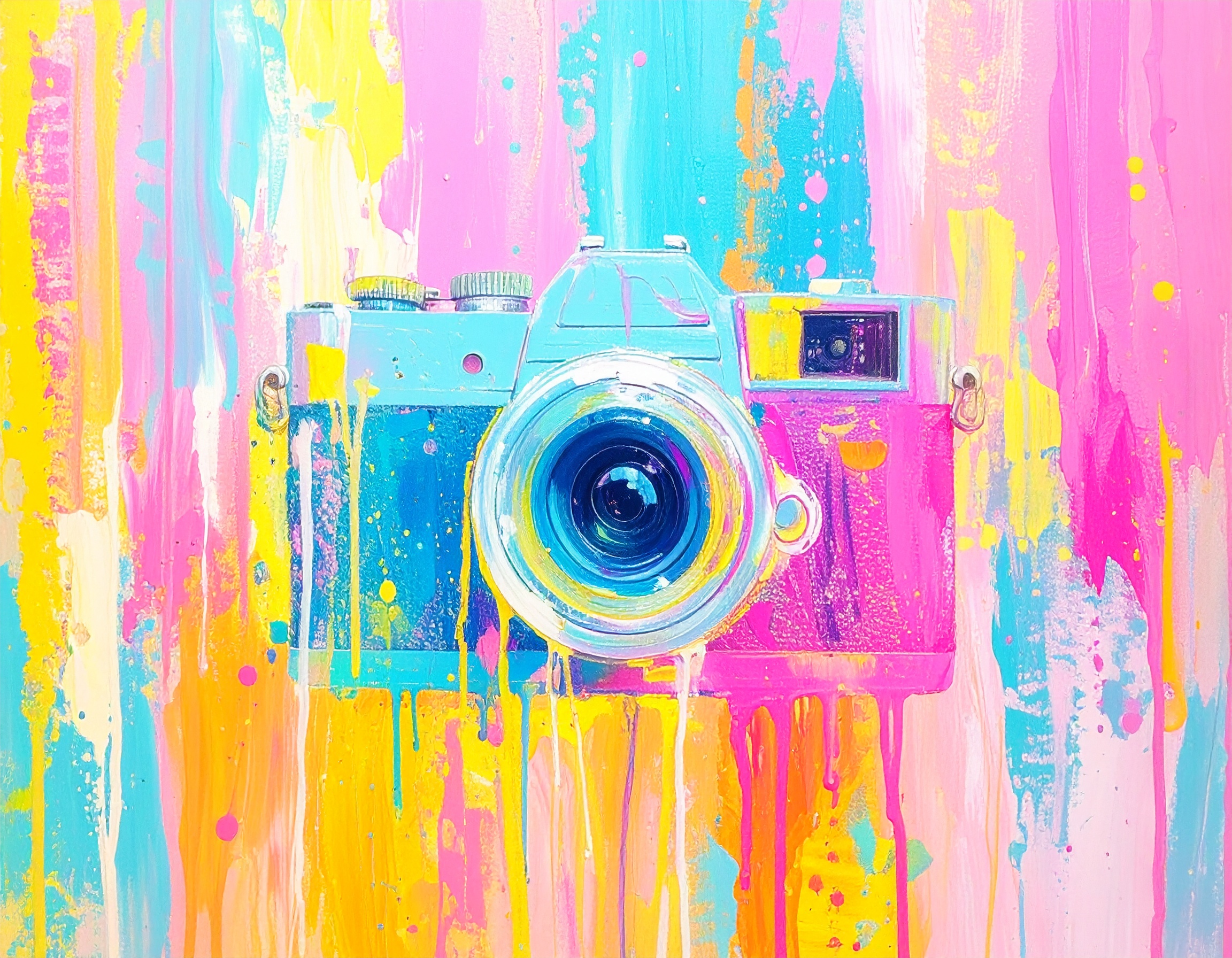 A vibrant acrylic painting of a vintage camera, painted with expressive brush strokes and dripping neon paint, vivid colors like hot pink, yellow, cyan and white, modern pop art style, abstract backgr