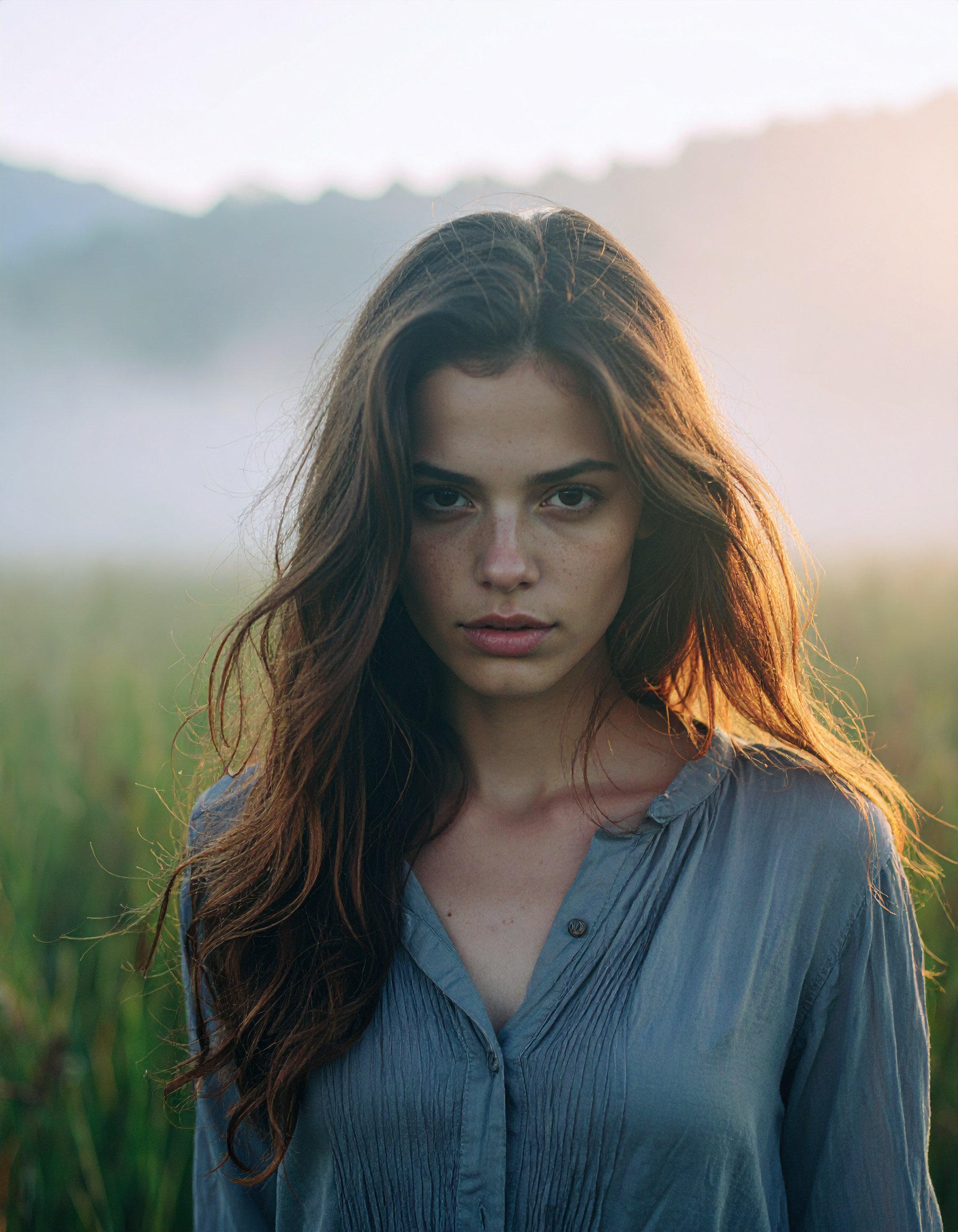 A vintage instant film-style photograph of a young woman, featuring faded colors, soft natural lighting, and analog-inspired imperfections such as light leaks, subtle fingerprints, and gentle motion b