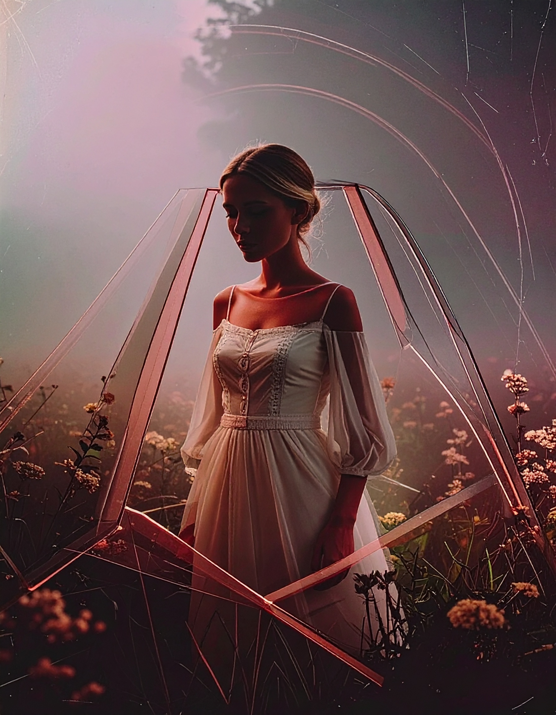 A vintage photo of an instant film-style young woman with faded colors, soft natural light, and analogue-inspired imperfections like light leaks, subtle fingerprints, and smooth motion blur.