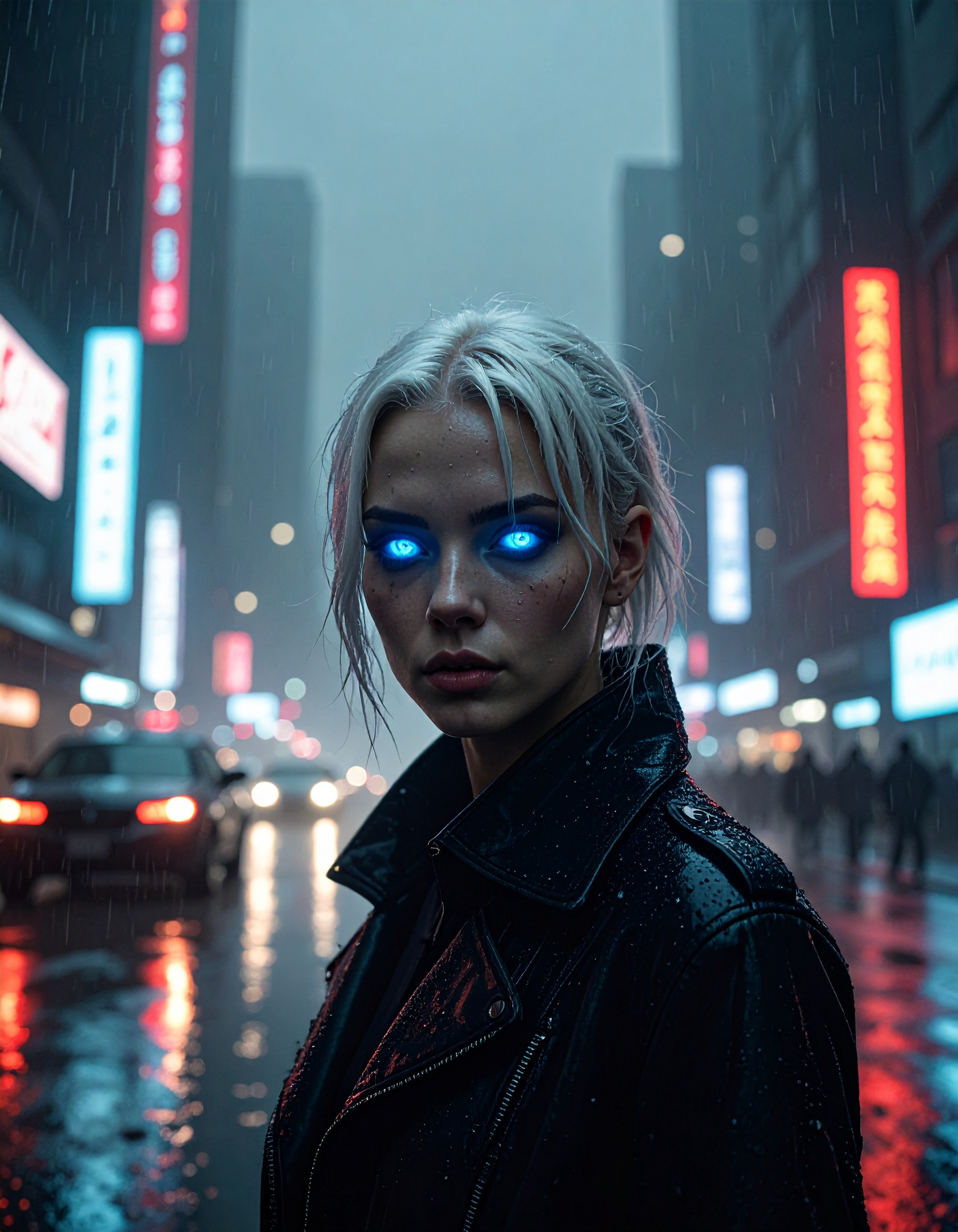 A woman with glowing neon-blue eyes looms over a futuristic cyberpunk city at night. The city is filled with neon signs, flying cars, and holograms. Rain reflects lights on the pavement. High contrast