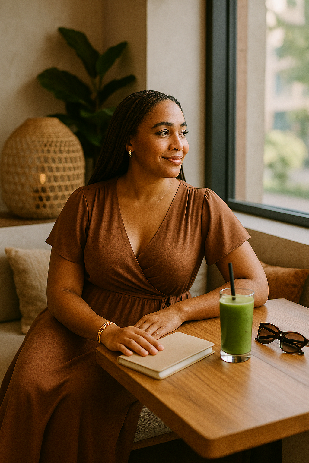 Contemplation at Café: Elegance and Natural Beauty