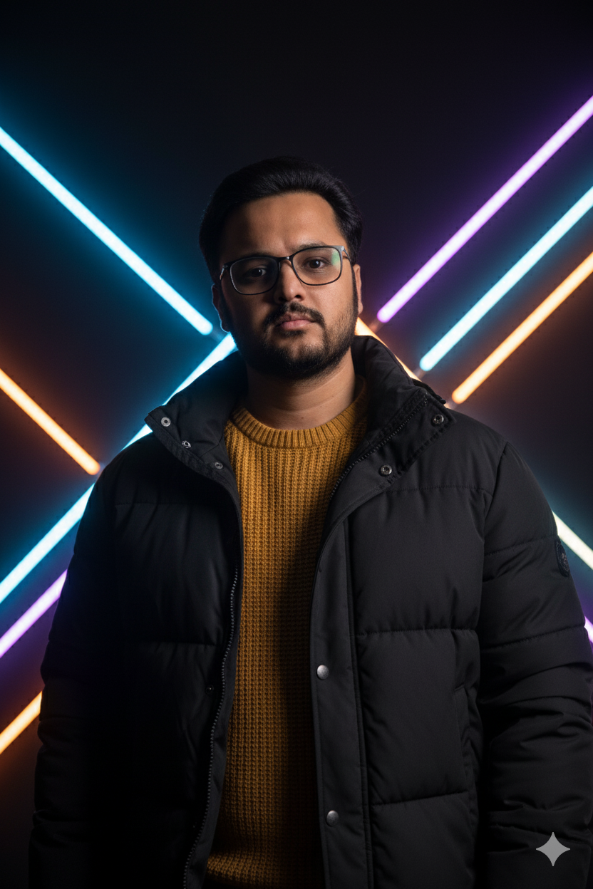 Dramatic Portrait: Serious Young Man in Neon Lights