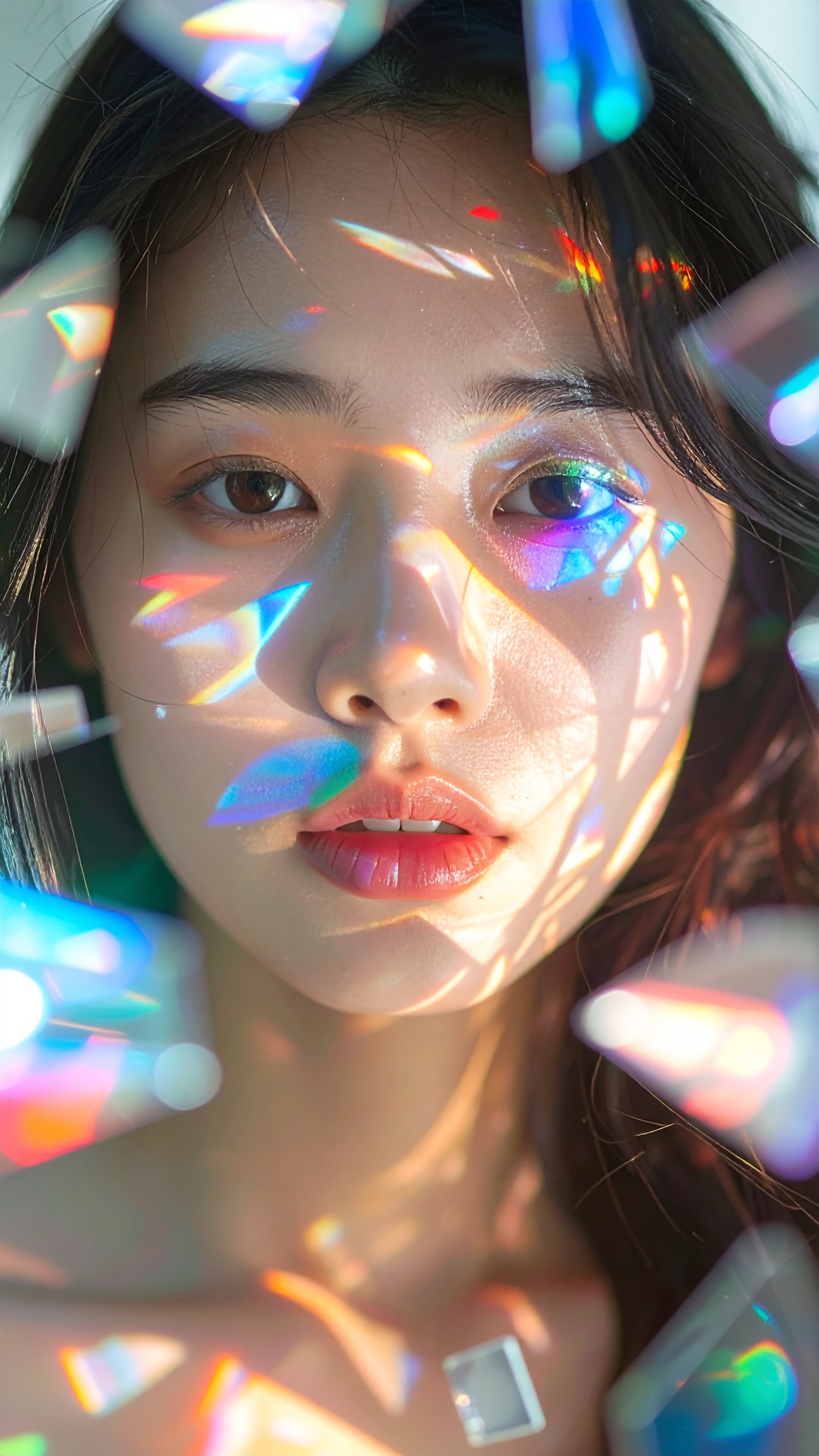 Abstract female face shattering into floating stained glass pieces in mid-air, each shard catching colored light, expression of silent sorrow — digital abstract art, emotional tone, delicate lighting,