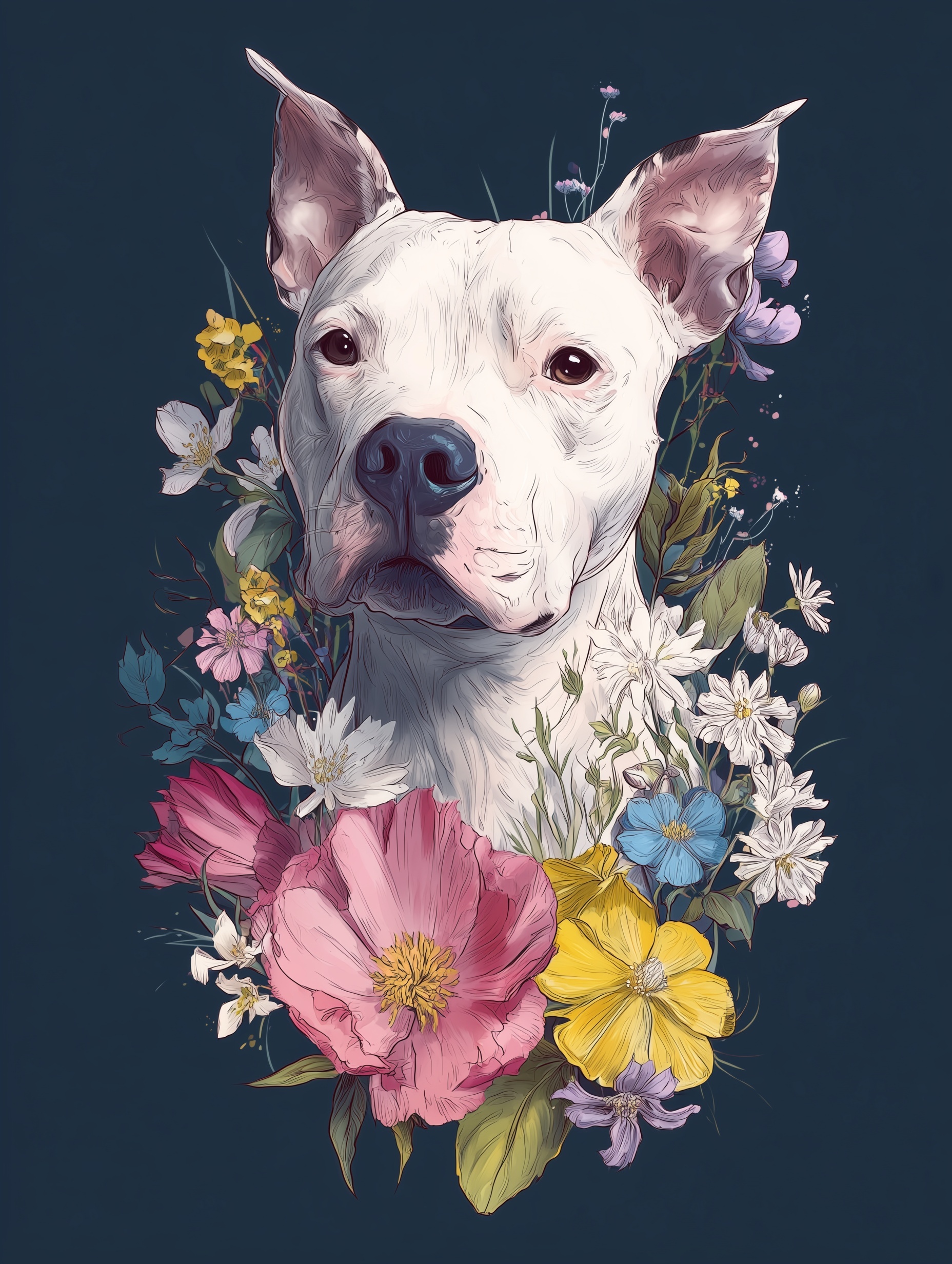AmStaff Portrait Surrounded by Wildflowers