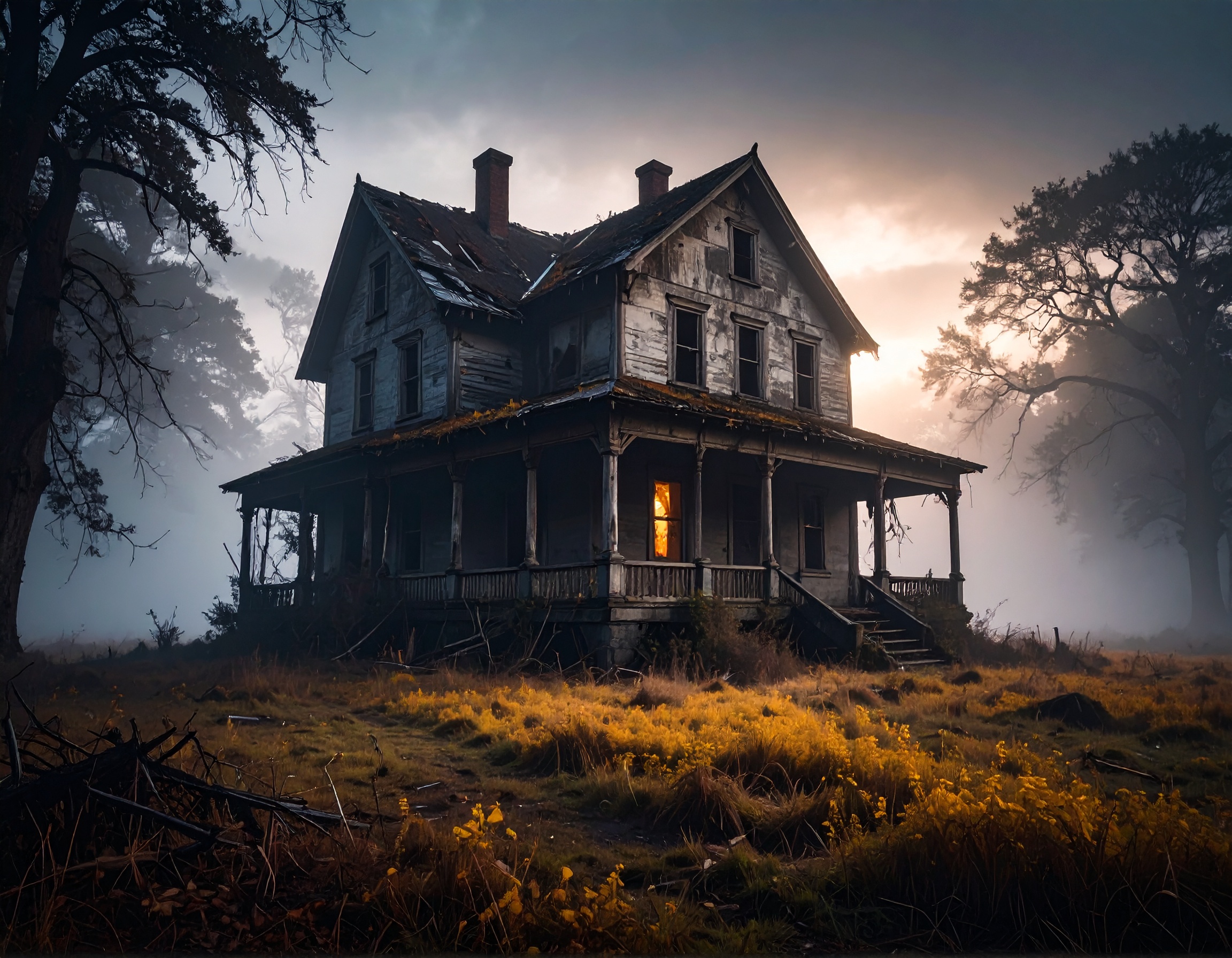 An abandoned, dilapidated house, designed with a cinematic atmosphere. The exterior is decaying, walls cracked and aged, with shattered window panes. Surrounding it, dense mist creates a haunting, for