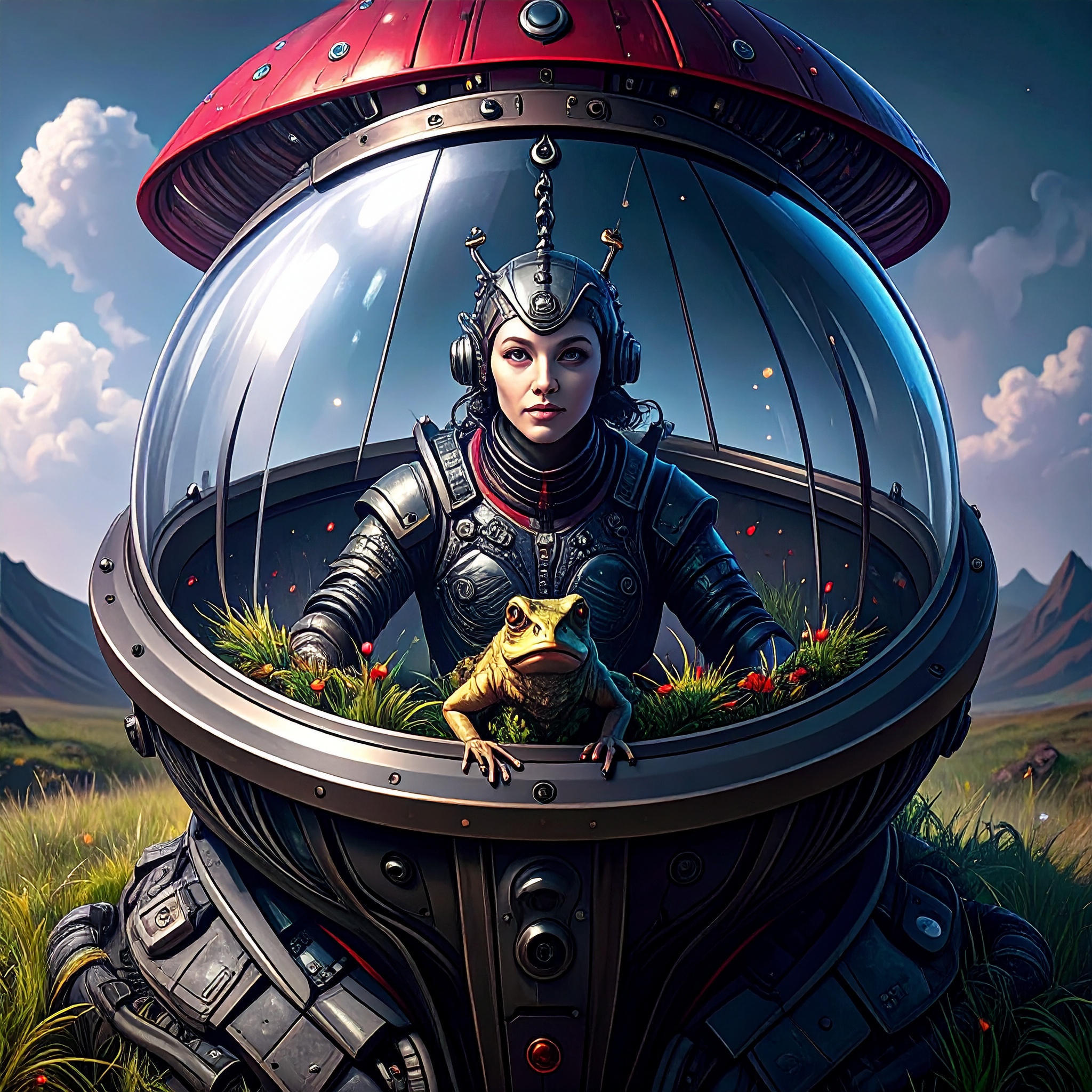 an astronaut on a mechanical robotic chameleon made of holographic iridescent mitochondria, on a mirror-like lagoon with optical effect, inside a floating black/white volcanic crater and in the middle