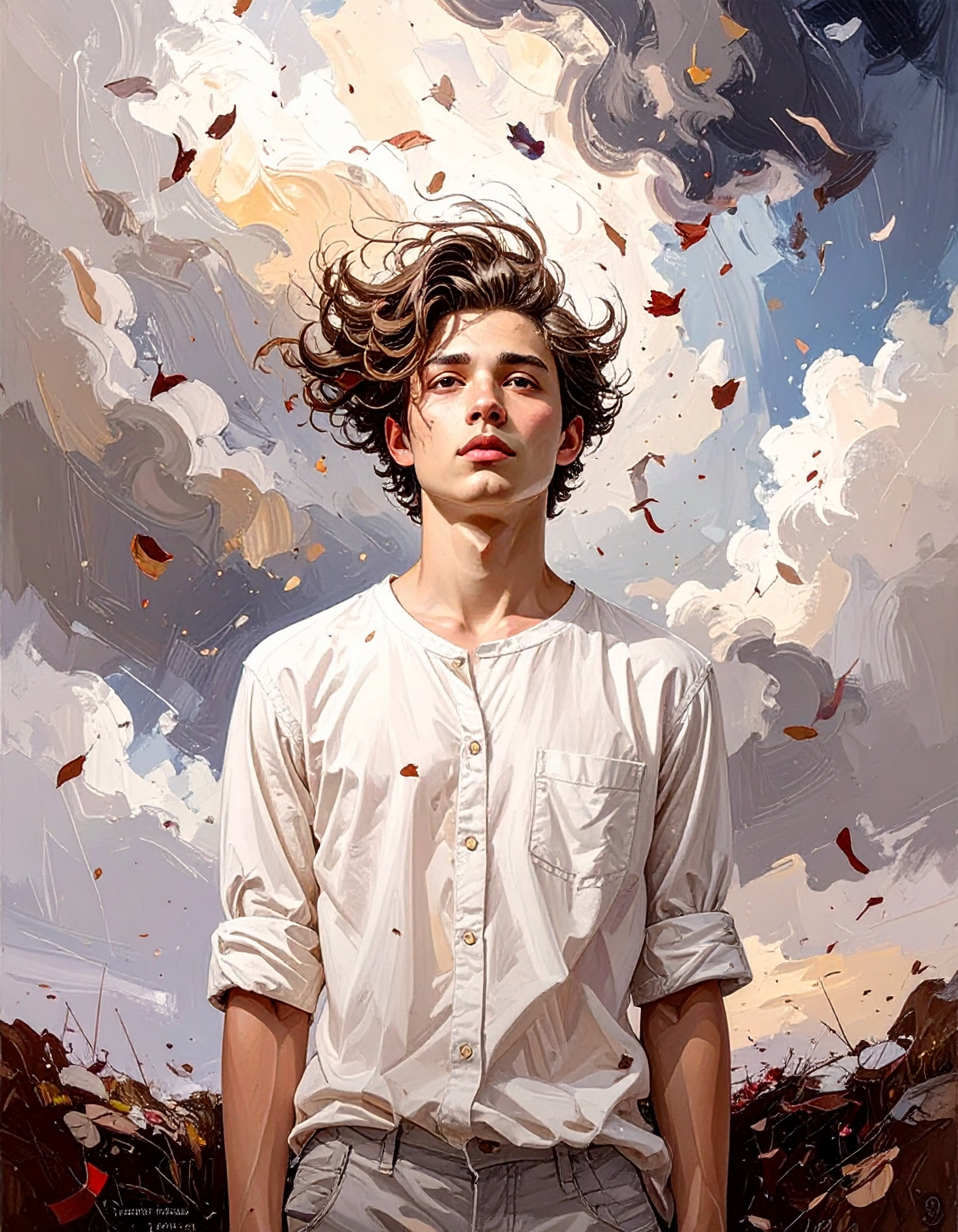 an emotionally charged, evocative portrait of a lone figure standing beneath a vast, stormy sky, surrounded by swirling winds and falling petals. The scene reflects deep introspection and longing. Use