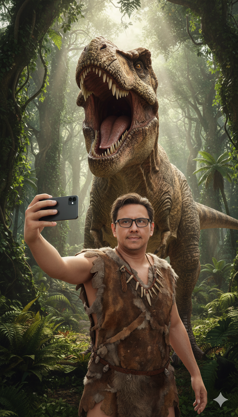 Realistic 3D Rendering: Man Selfie with T-Rex