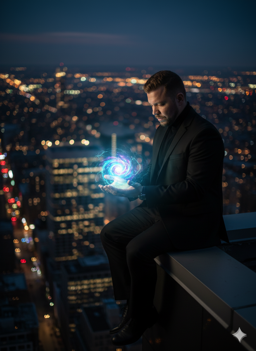 Man on Skyscraper Edge with Energy Vortex