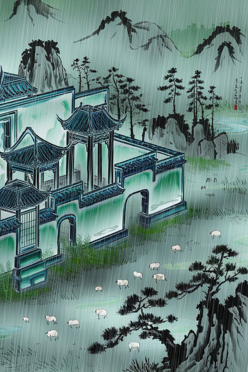 Ancient Pavilions in Rainy Landscape