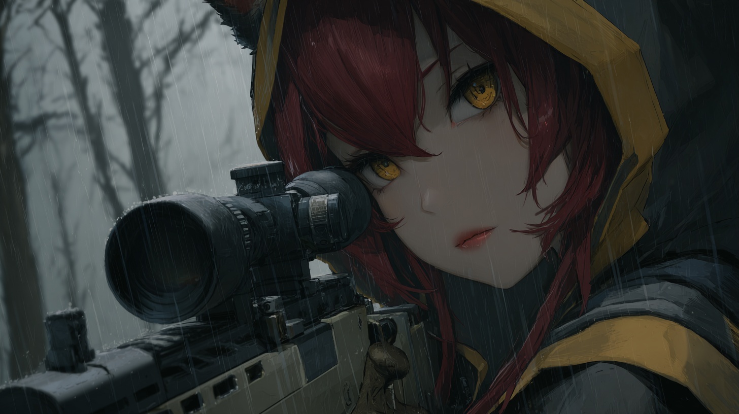 Army Catgirl: Dark Red Hair, Sniper in Rainy Forest