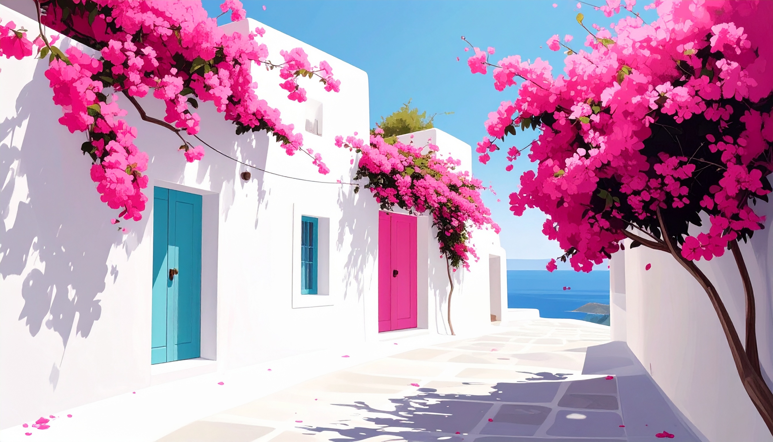 Beneath a sky of pink bouganvilleas, a quiet street awakens with summer’s warmth. Tilted, rounded white walls, colorful pink and aqua-blue doors, soft shadows, and flowering trees shape a tender momen