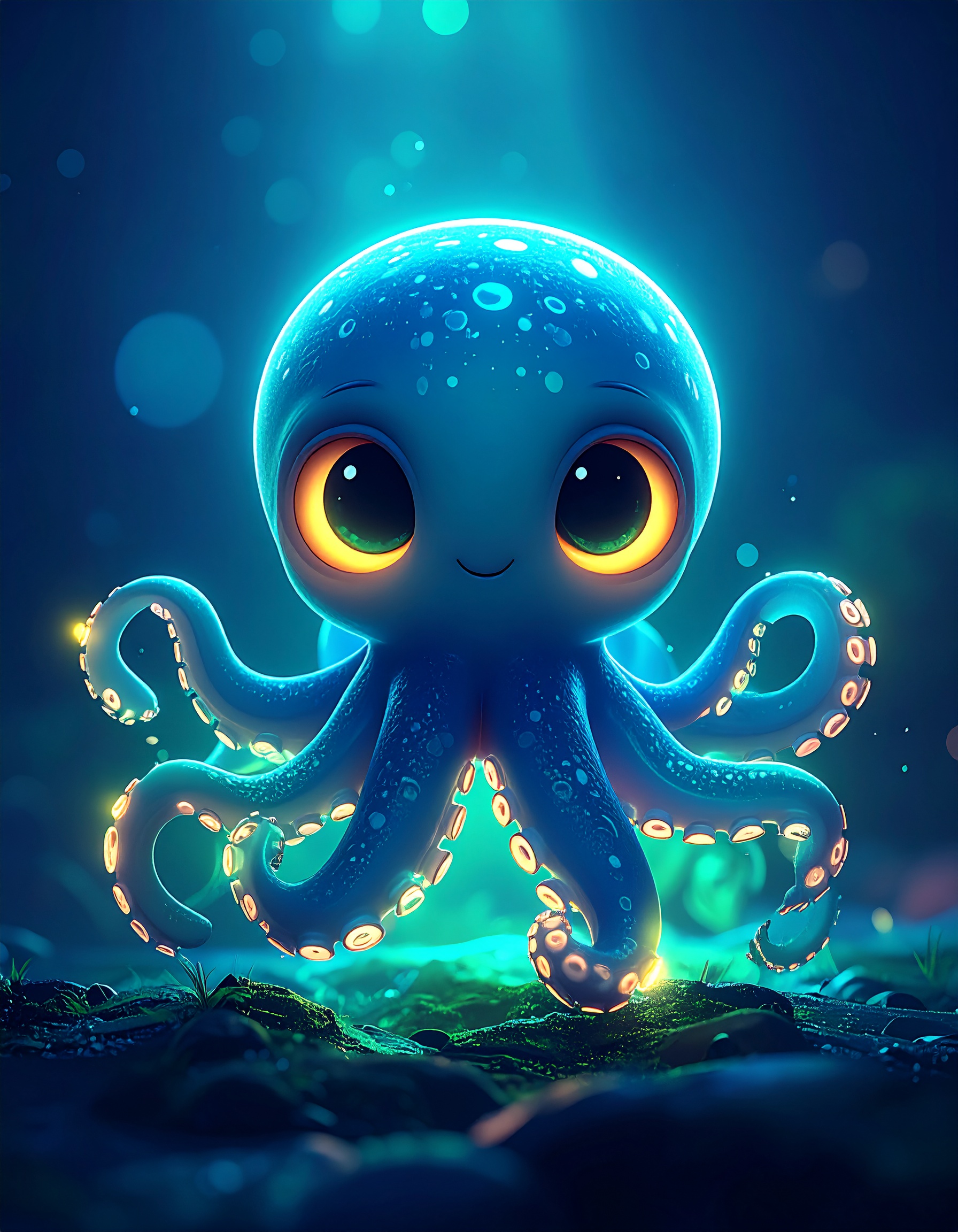 Bioluminescent cute baby octopus, kawaii style, chibi proportions, glowing teal neon backlighting, 3D cartoon look, large bright expressive eyes, high-definition render, soft underwater lighting, ador