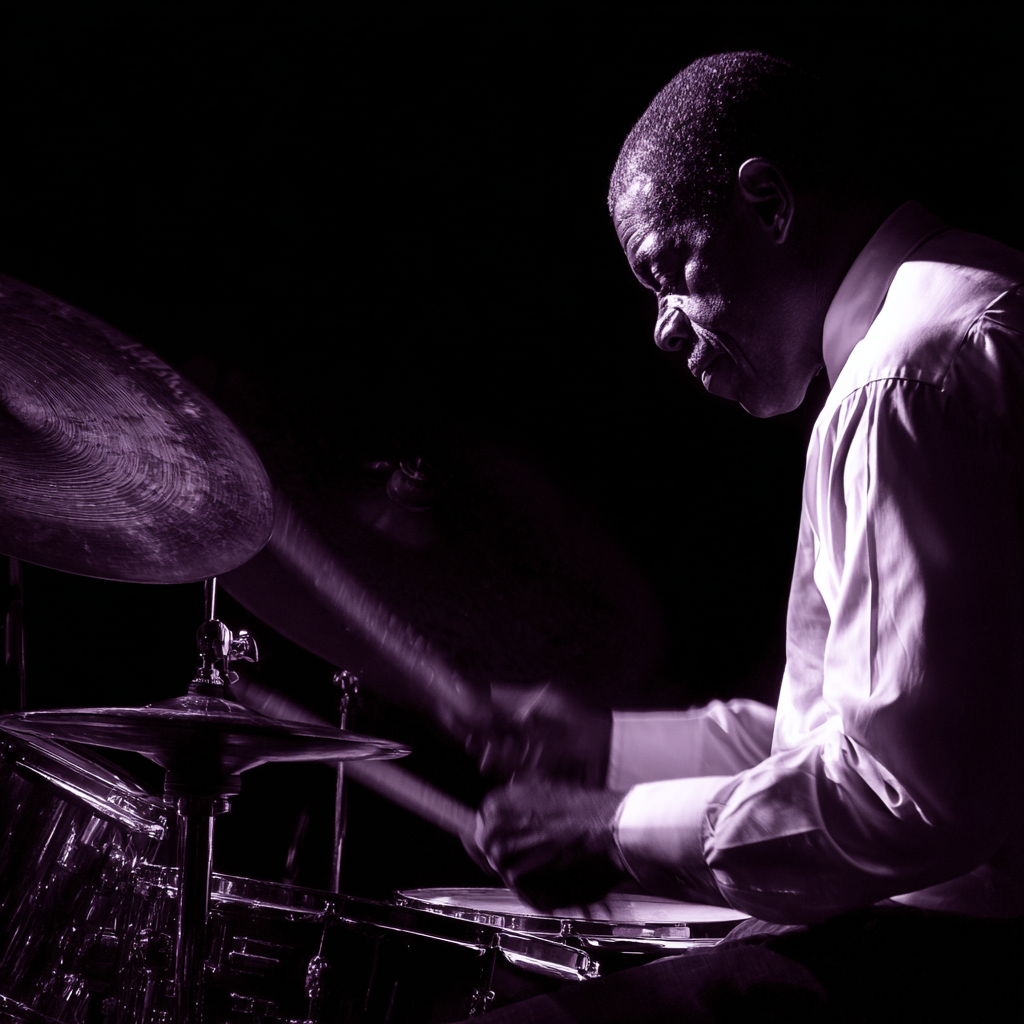 Black and White Jazz Drummer in Shadowy Lighting