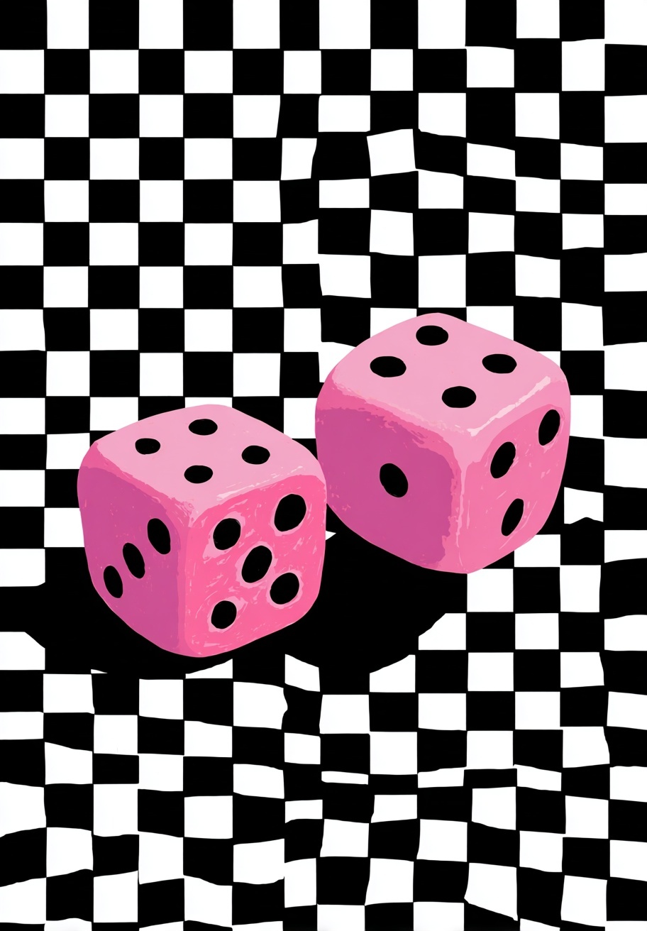 Bold Pink Dice on Checkered Canvas