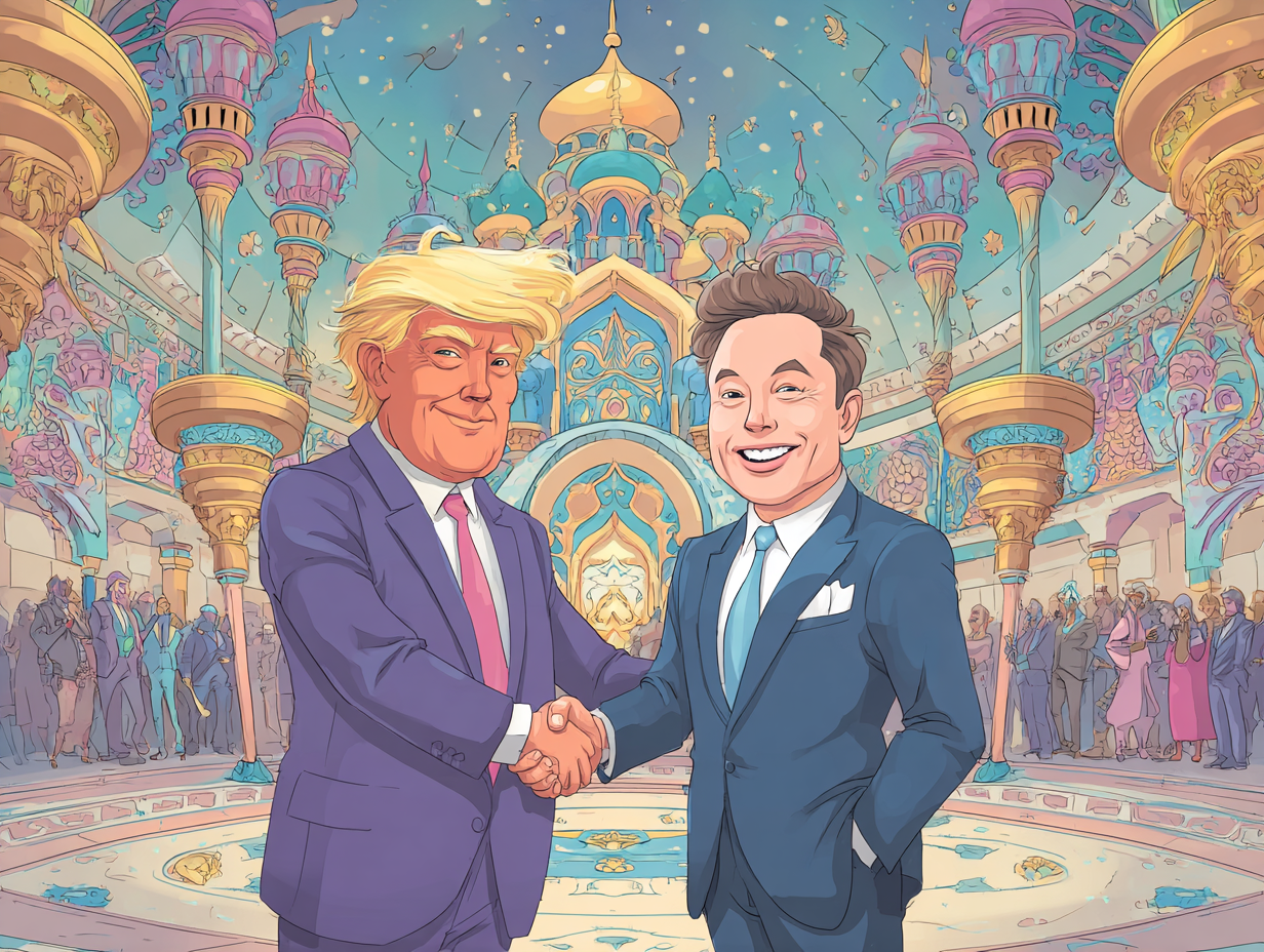 Cartoon Illustration of Donald Trump and Elon Musk Shaking Hands in a Vibrant Palace