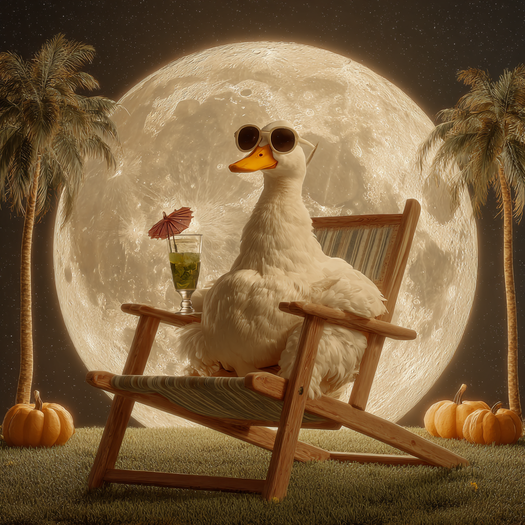 Cartoon White Duck Relaxing on Lawn Chair with Halloween and Tropical Elements