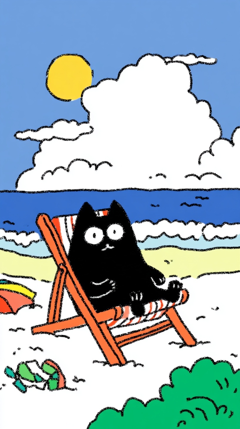 Charming Black Cat Relaxing on a Beach Chair