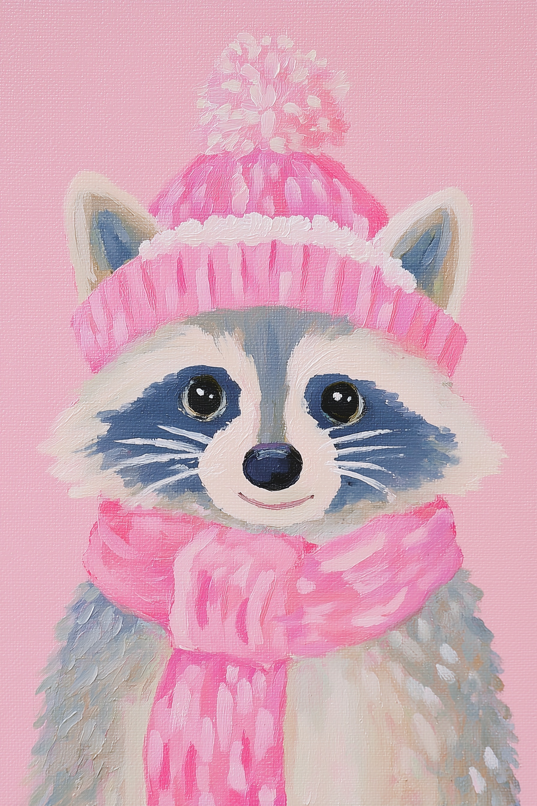 Charming Raccoon Art: Pink Hat & Scarf Delight