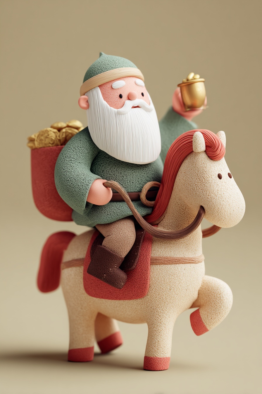 Charming Santa on Horseback: Gold Ingot Icon