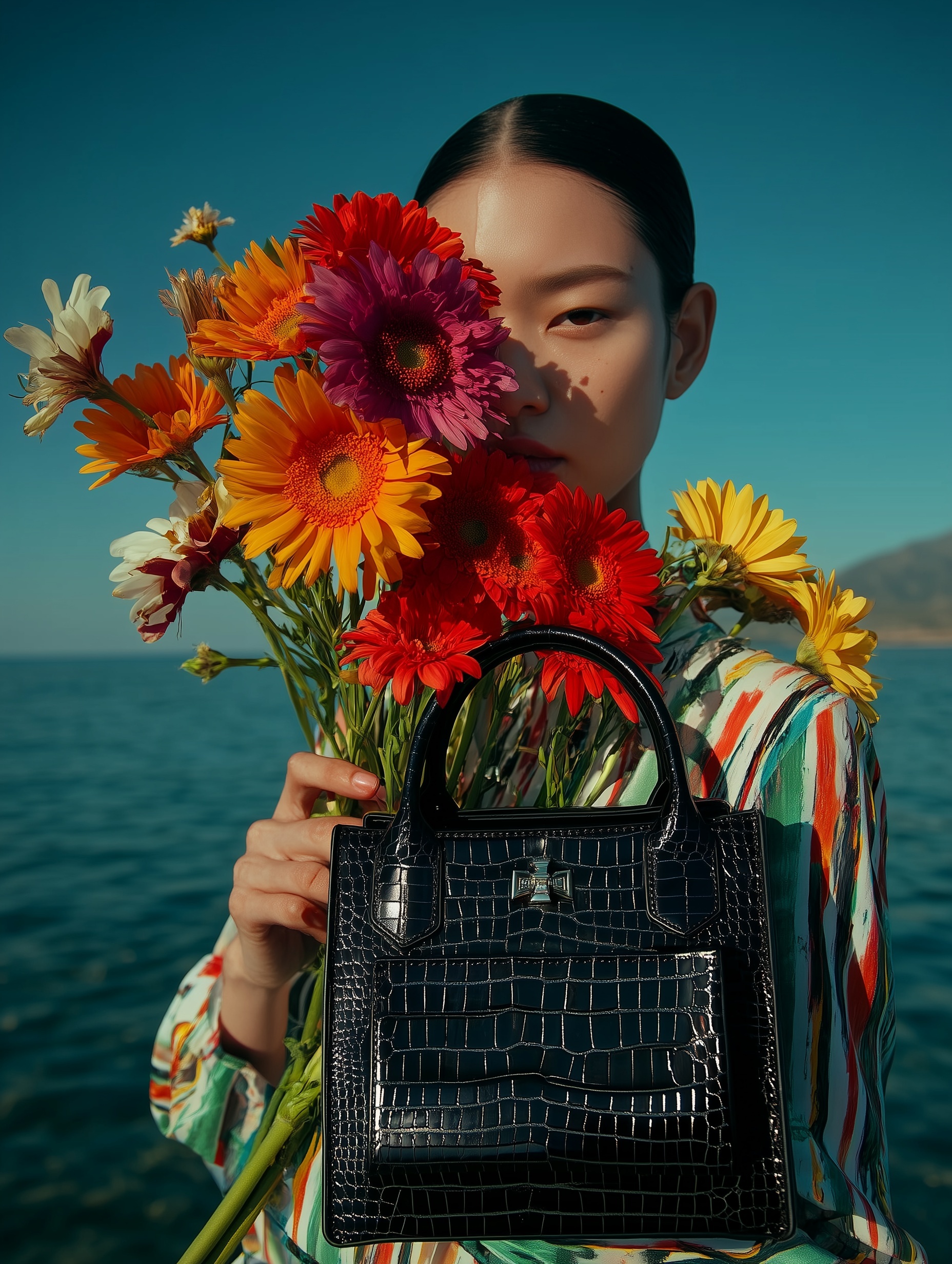 Chic Crocodile Leather Bag: Bold Floral Feature