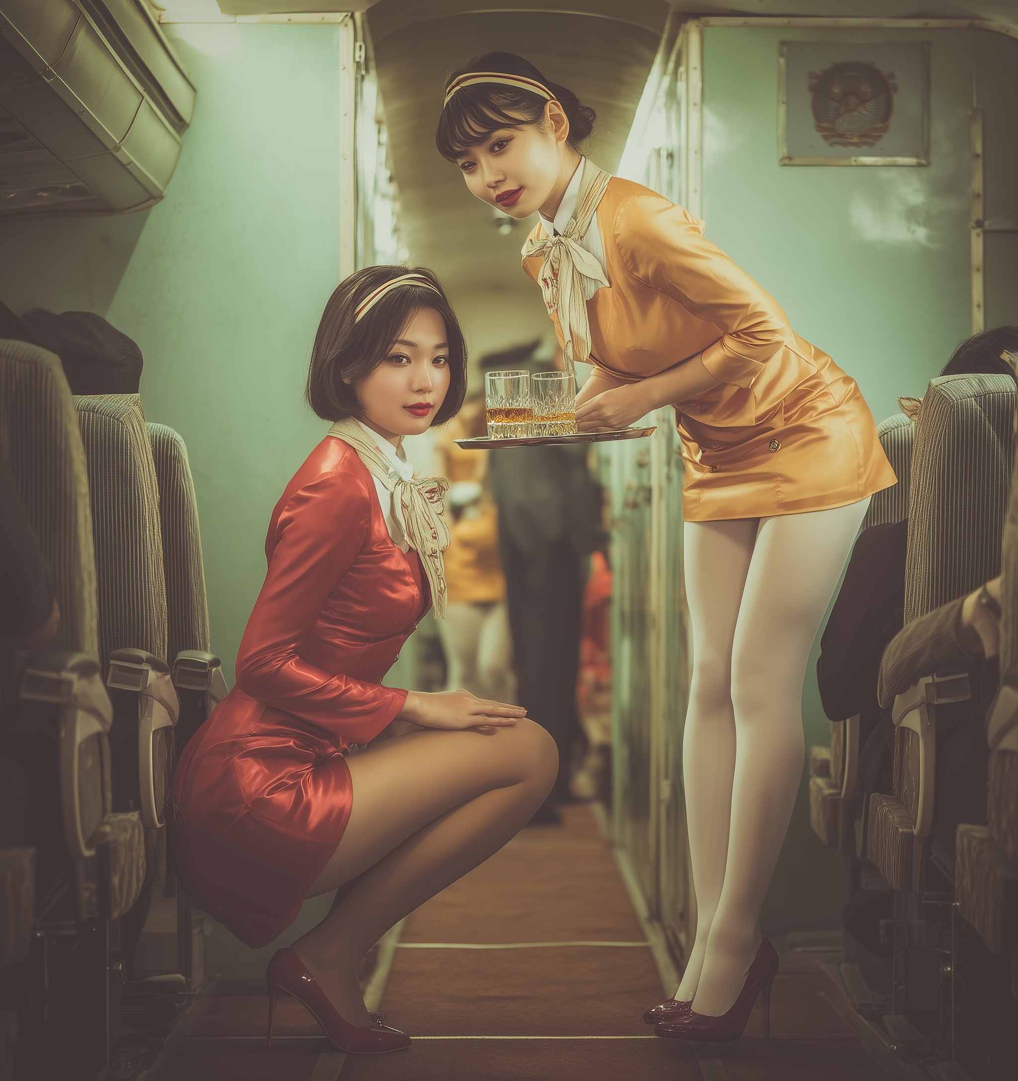Chic Flight Attendants on a Vintage 60s Plane