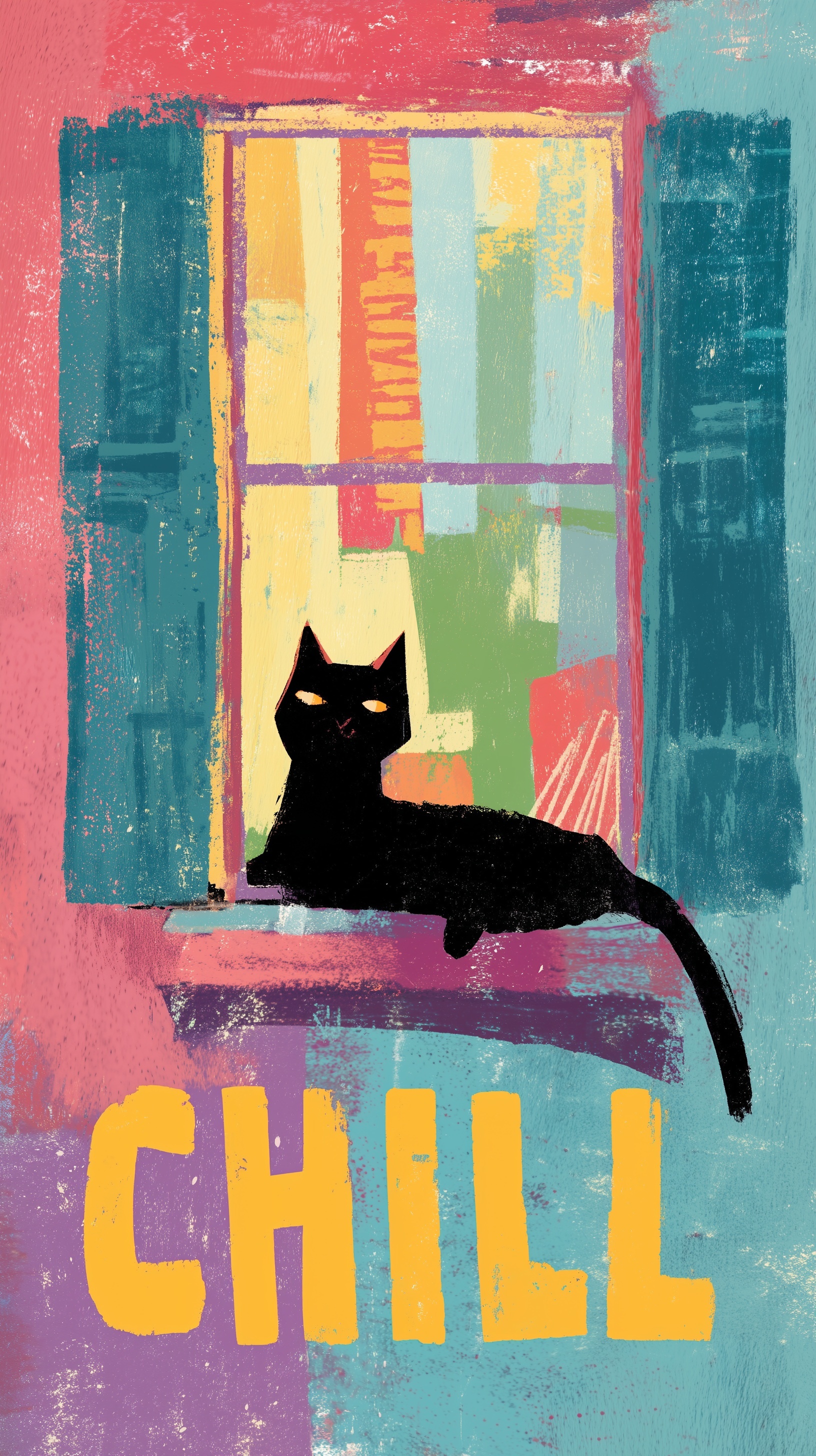 Chill Cat in Window: Bright Gouache Art
