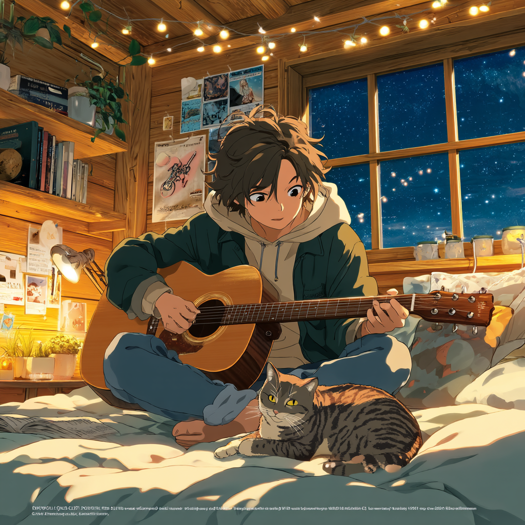 Chill Vibes: Anime Boy Strumming Guitar with Cat