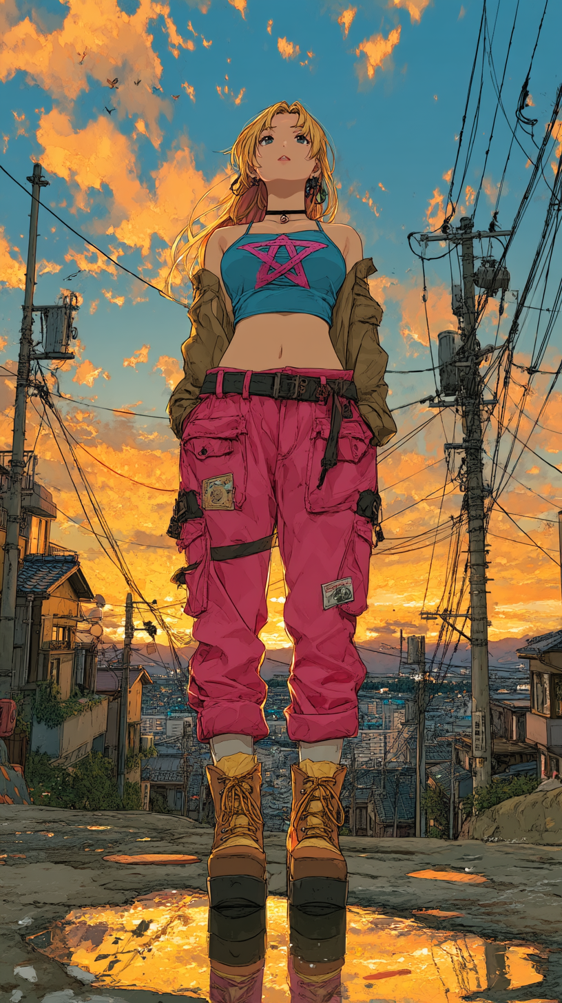 Cinematic Anime Illustration of a Young Woman in a Rainy City Alley