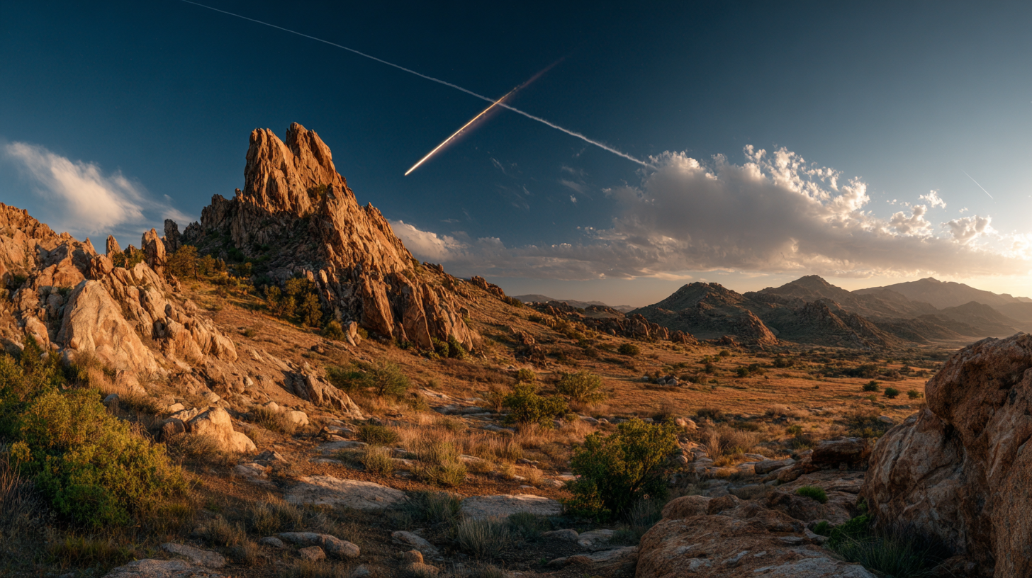 Cinematic Golden-Hour Landscape with Meteor Impact