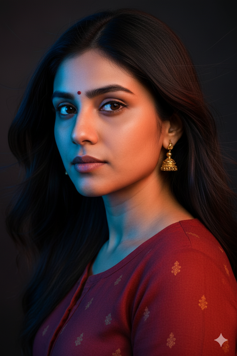 Cinematic High-Fashion Portrait: Deep Blue and Warm Hues