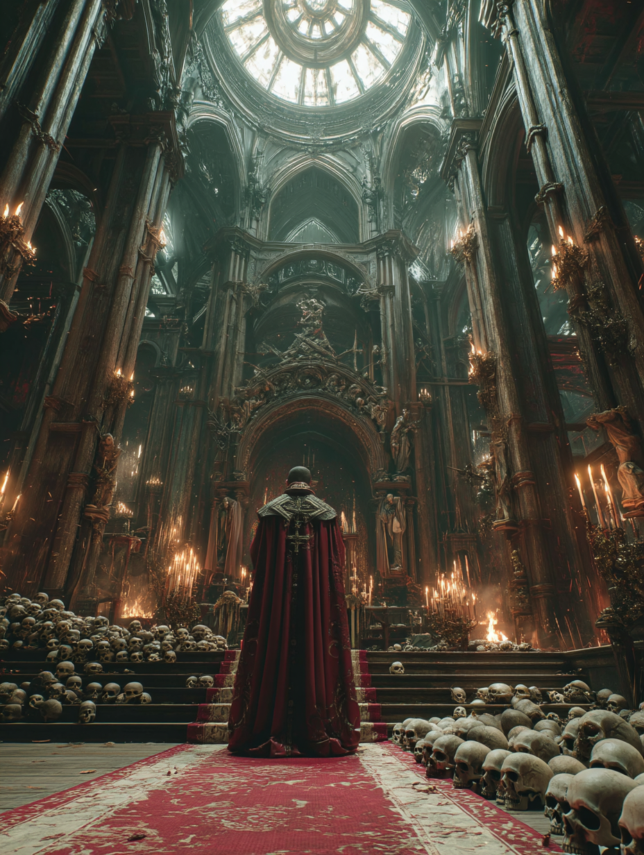Cinematic Horror: A Priest Amidst Skulls in a Burning Church
