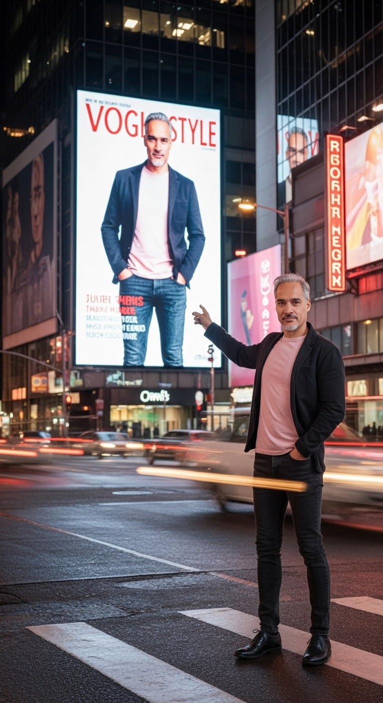 Neon-lit Cityscape: Stylish Man in Evening Attire