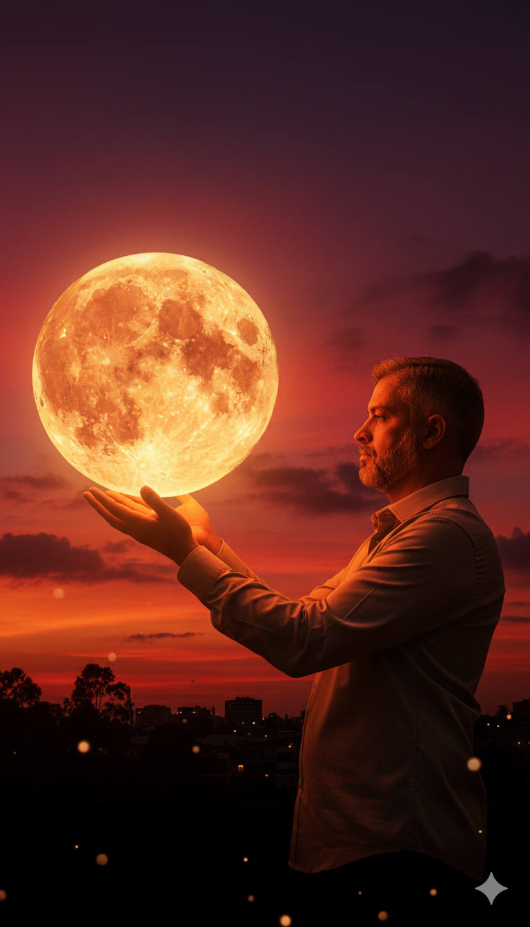 Cinematic Sunset Portrait: Man Holding Full Moon