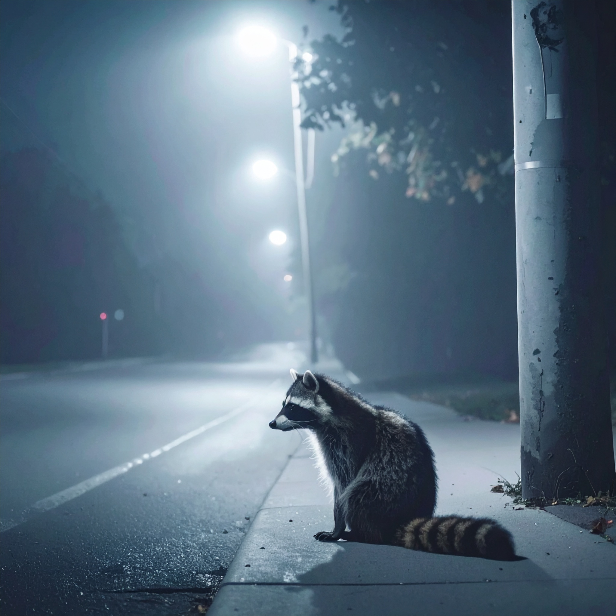 Raccoon Under Streetlamp at Dusk
