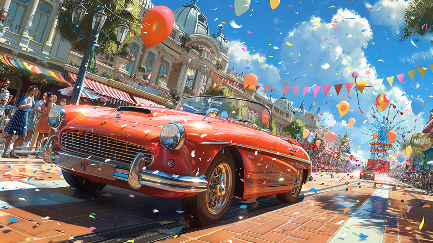 Classic Convertible Driving Through a Vibrant Carnival Parade