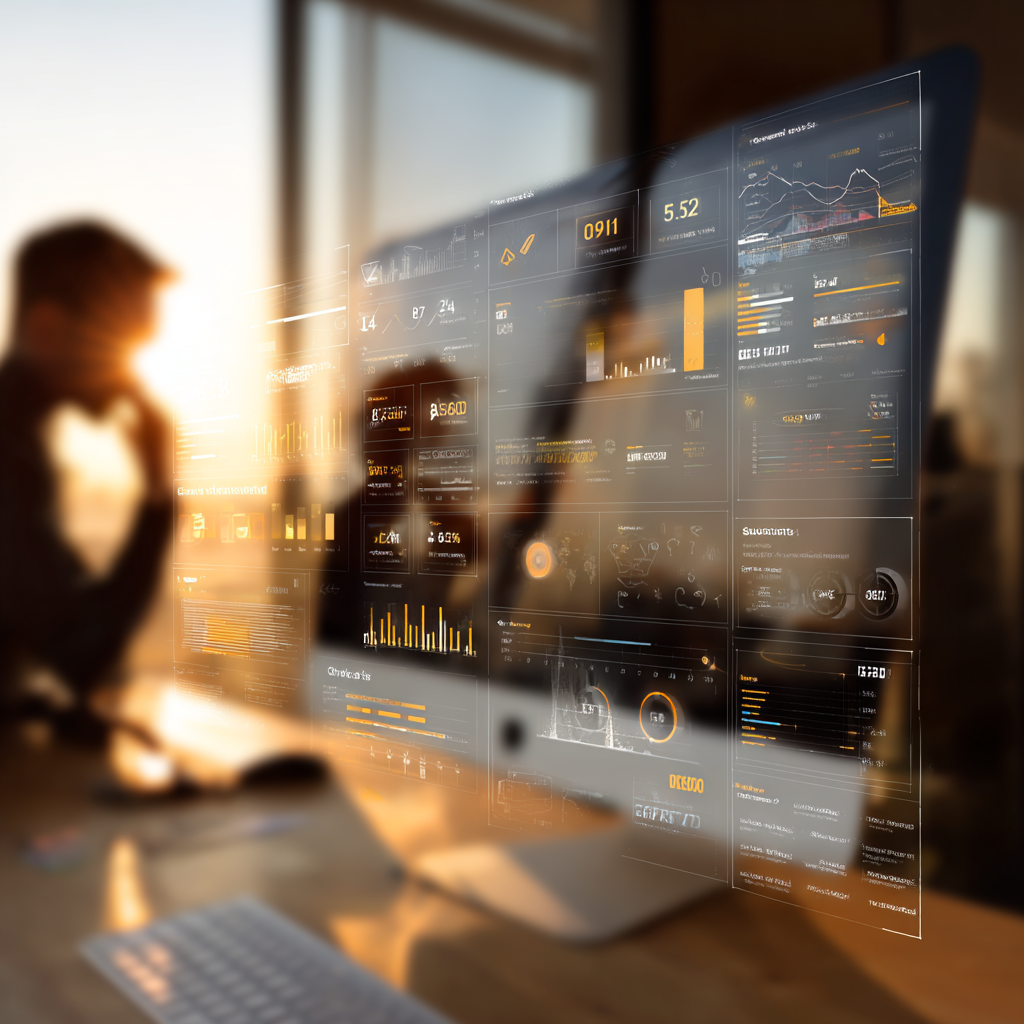Close-up of Modern Desktop Computer with Dashboard and Busy Entrepreneur in Background