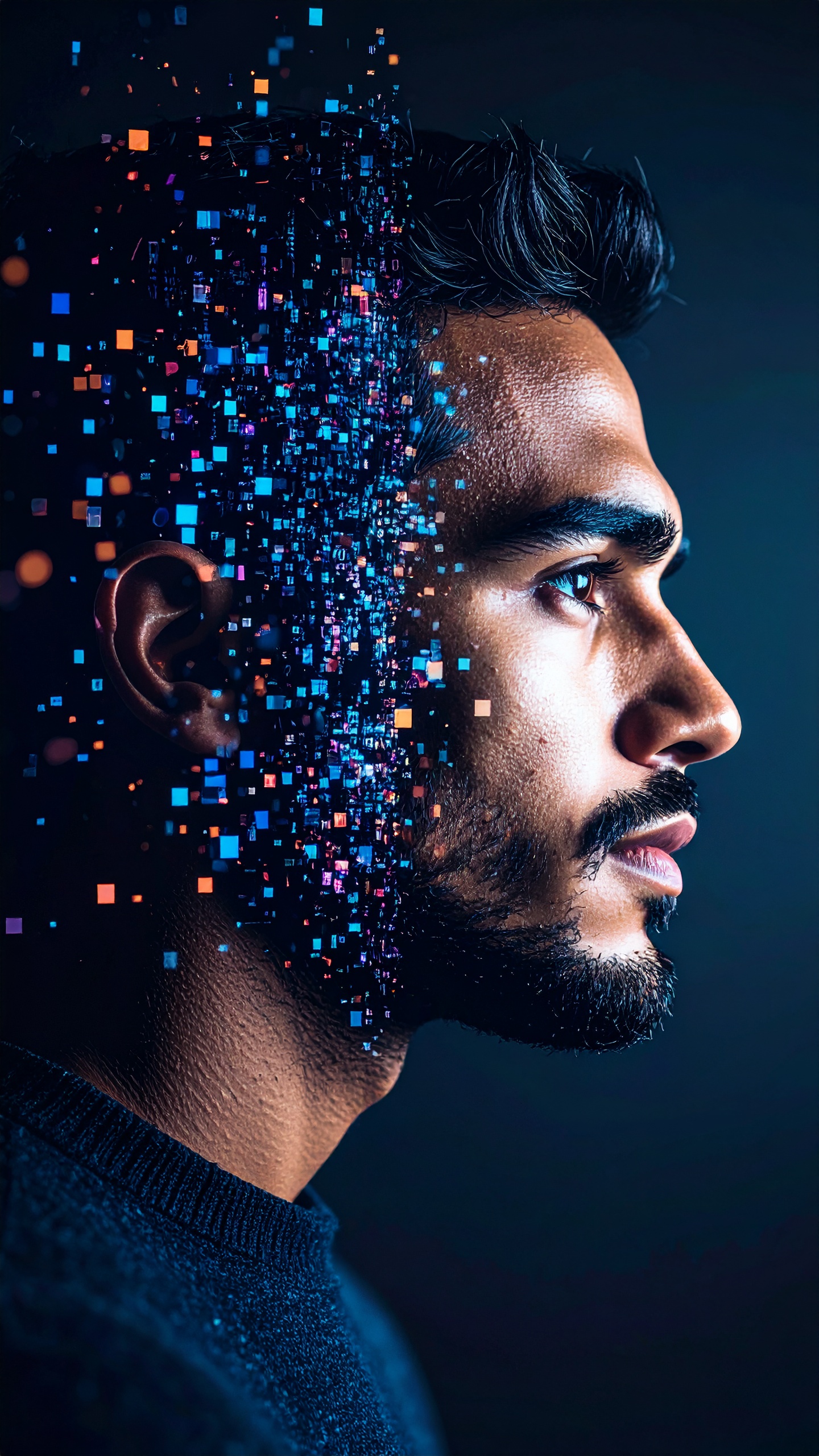 Close-up portrait of a person with half their face dissolving into floating digital pixels, like data loss, the other half hyperreal — emotional cyber-surrealism, dark background, contrast-focused lig