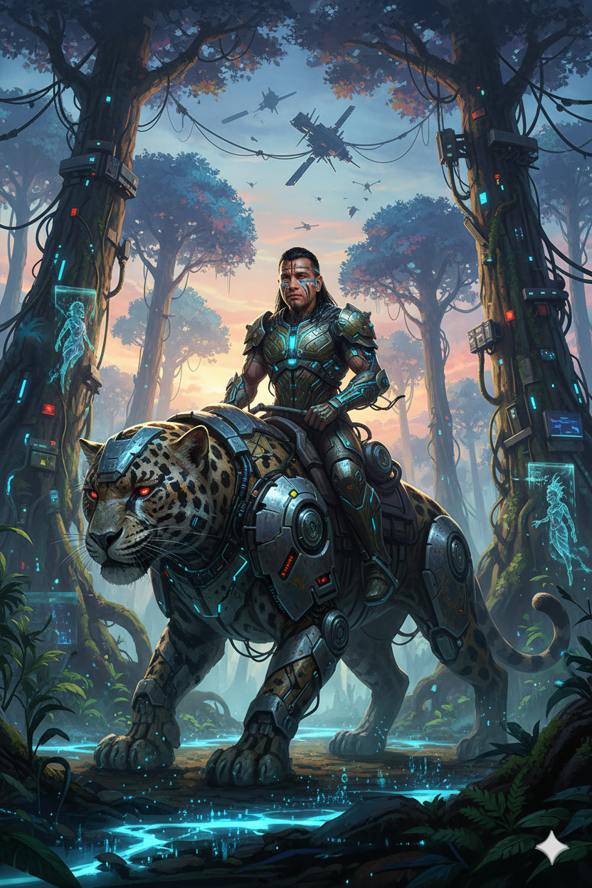 Futuristic Indigenous Warrior and Robotic Jaguar Concept Art