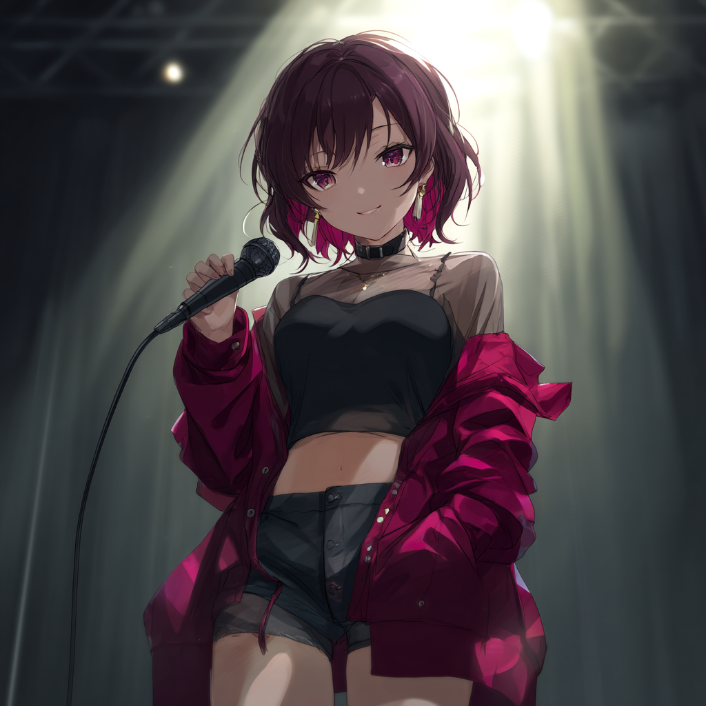 Confident Anime Girl with Microphone in Stylish Purple and Wine Red Outfit