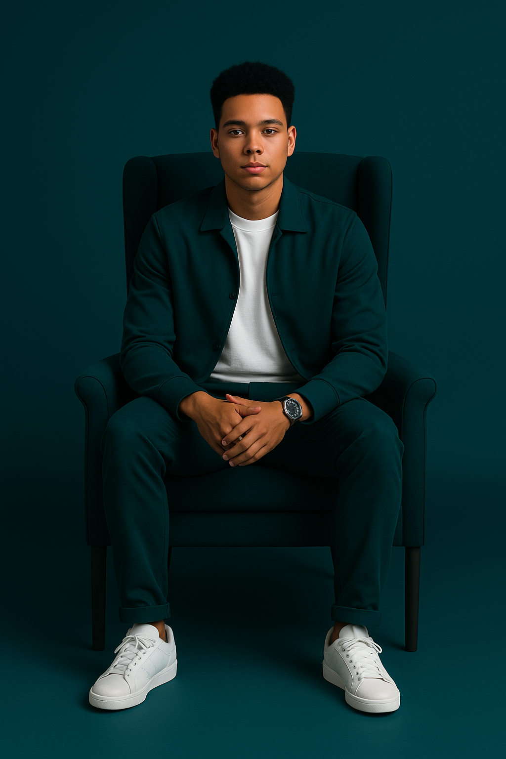 Minimalist Monochromatic Studio: Centered Man in Armchair