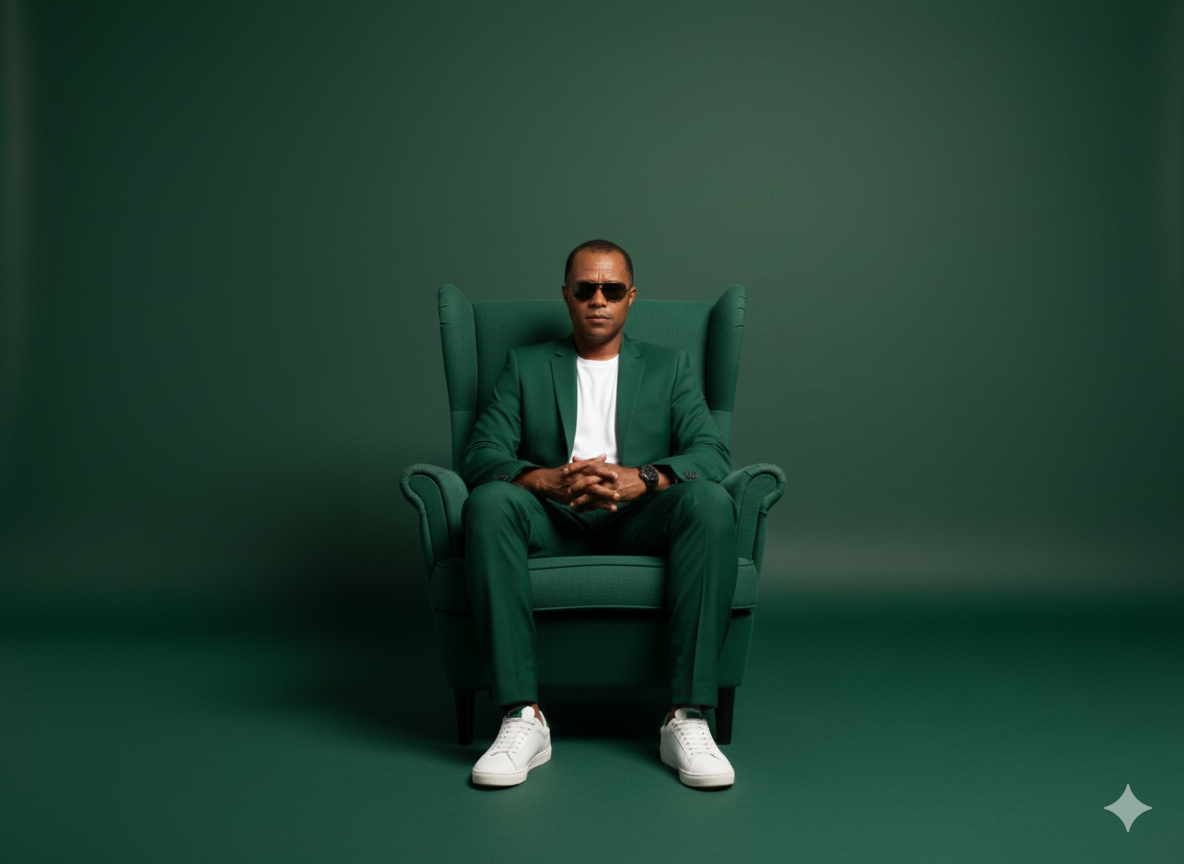 Minimalist Monochromatic Studio: Man in Armchair Transformation