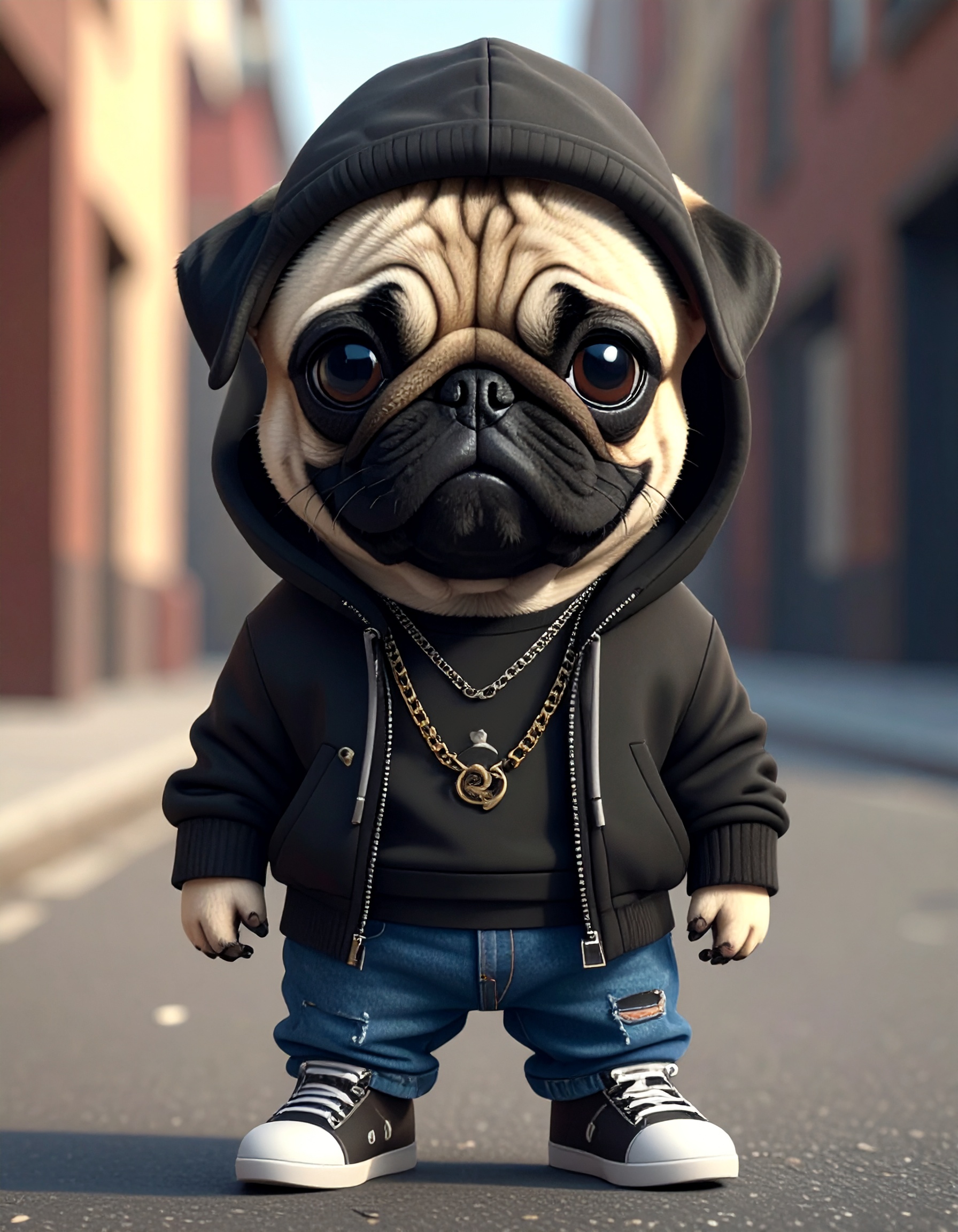 Create a character with a cute and tender smiling face of a light brown pug with big and friendly eyes, with human legs and hands, full body, dressed as a rapper with a black hoodie, jeans, chains, ur